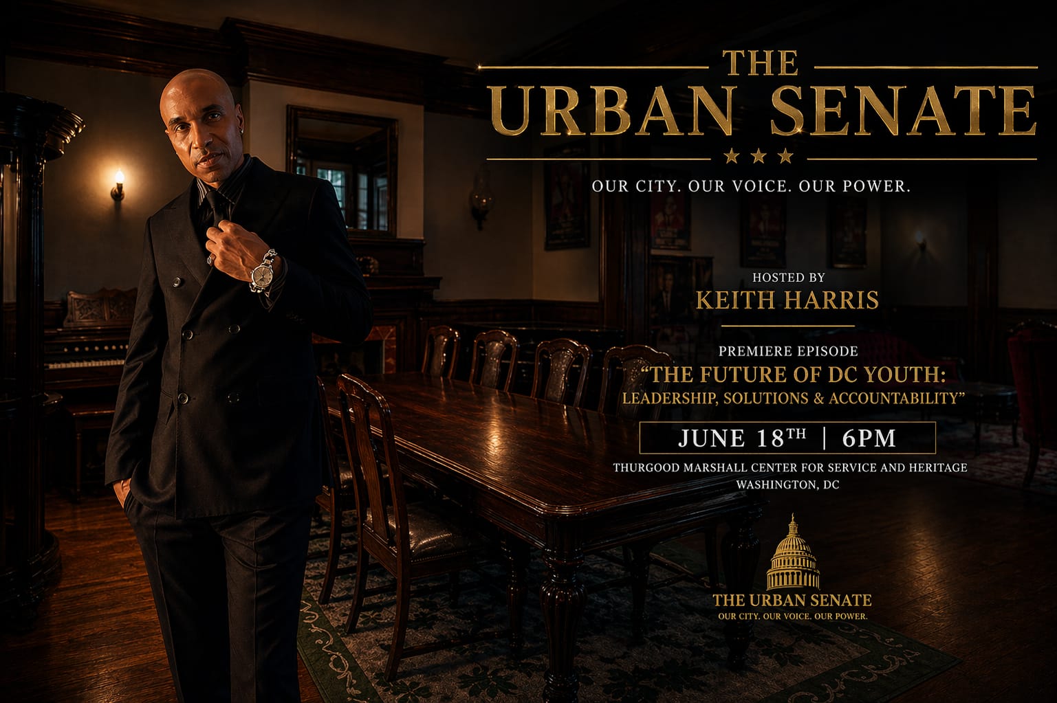 The Urban Senate premiere flyer: Keith Harris in a wood-panelled room at a long table